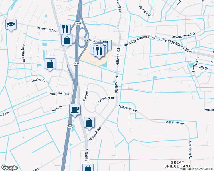 map of restaurants, bars, coffee shops, grocery stores, and more near 1208 Fordyce Drive in Chesapeake