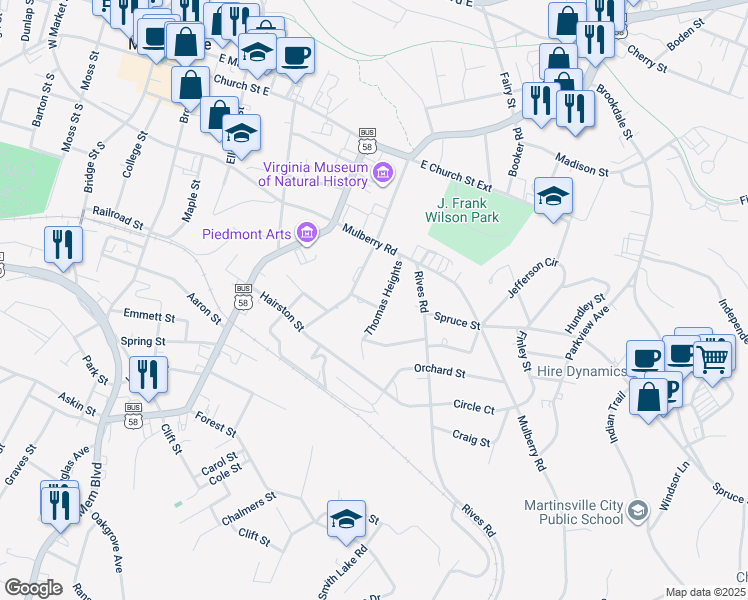 map of restaurants, bars, coffee shops, grocery stores, and more near 500-598 Monroe Street in Martinsville