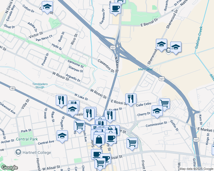 map of restaurants, bars, coffee shops, grocery stores, and more near 20 West Menke Street in Salinas