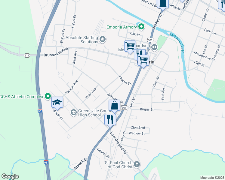 map of restaurants, bars, coffee shops, grocery stores, and more near 500-598 Peachtree Street in Emporia