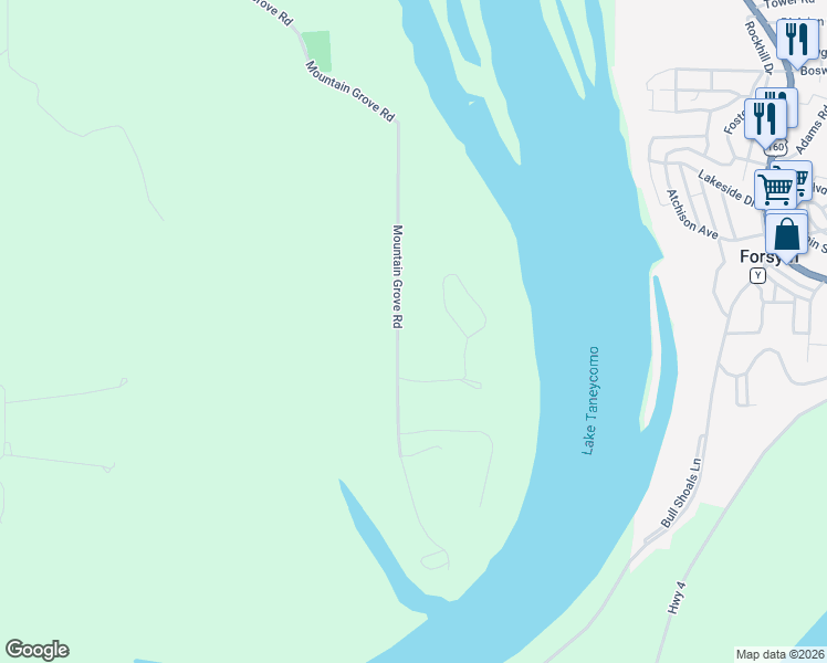 map of restaurants, bars, coffee shops, grocery stores, and more near 1757 Mountain Grove Road in Branson