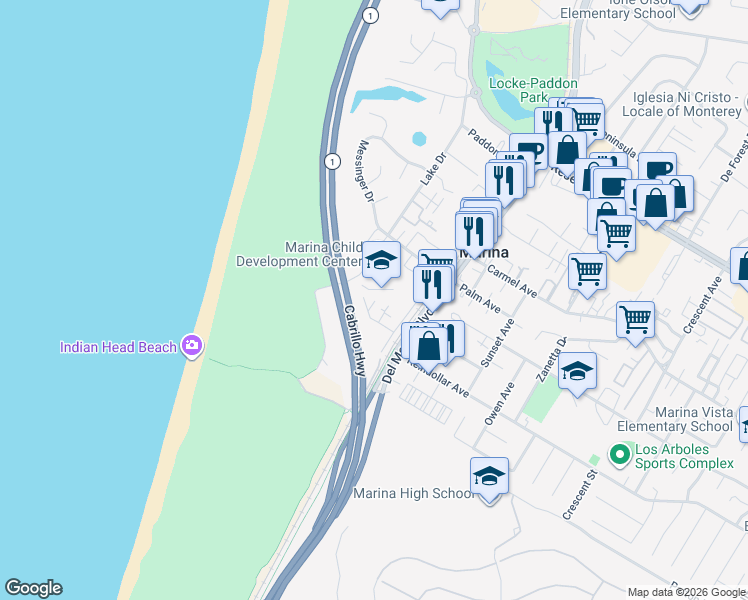 map of restaurants, bars, coffee shops, grocery stores, and more near 177 San Pablo Court in Marina