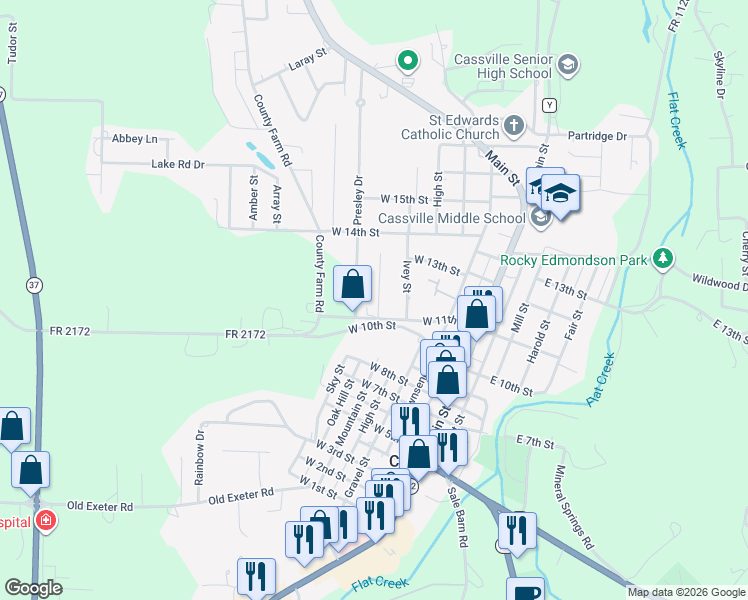 map of restaurants, bars, coffee shops, grocery stores, and more near 1101 Presley Drive in Cassville