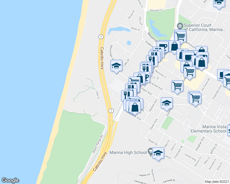 map of restaurants, bars, coffee shops, grocery stores, and more near 177 San Pablo Court in Marina