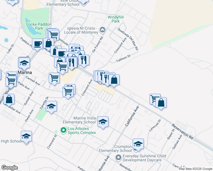 map of restaurants, bars, coffee shops, grocery stores, and more near 342 Reservation Road in Marina