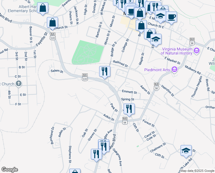 map of restaurants, bars, coffee shops, grocery stores, and more near 600-618 Memorial Boulevard South in Martinsville