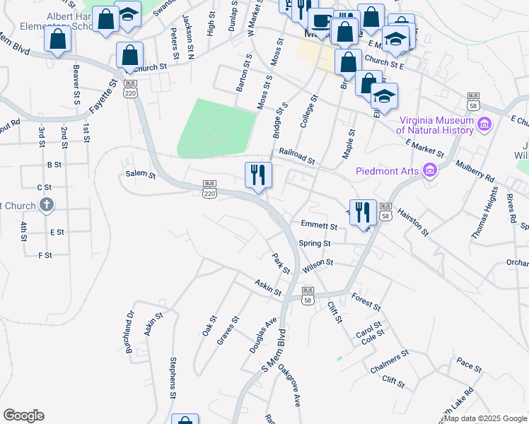 map of restaurants, bars, coffee shops, grocery stores, and more near 600 South Memorial Boulevard in Martinsville