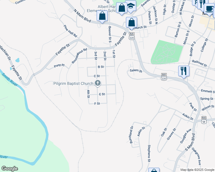 map of restaurants, bars, coffee shops, grocery stores, and more near 601 2nd Street in Martinsville