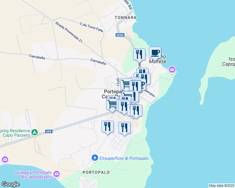 map of restaurants, bars, coffee shops, grocery stores, and more near in Portopalo di Capo Passero