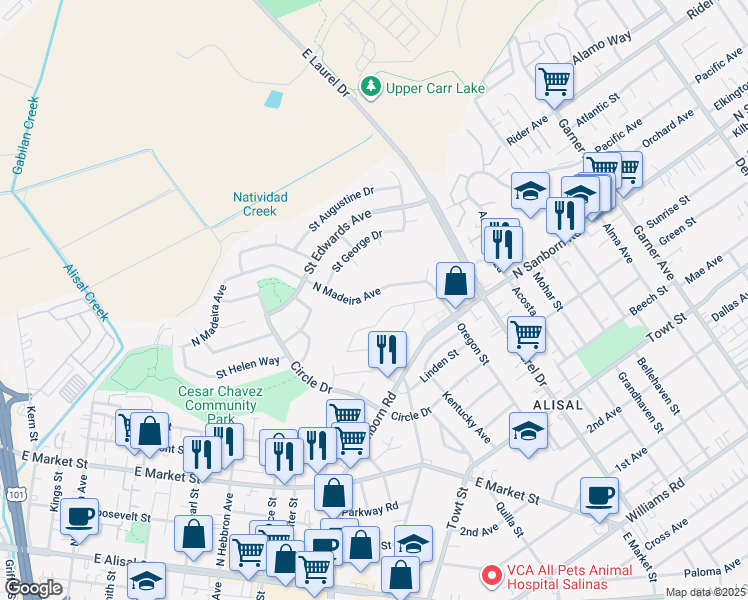 map of restaurants, bars, coffee shops, grocery stores, and more near 840 North Madeira Avenue in Salinas