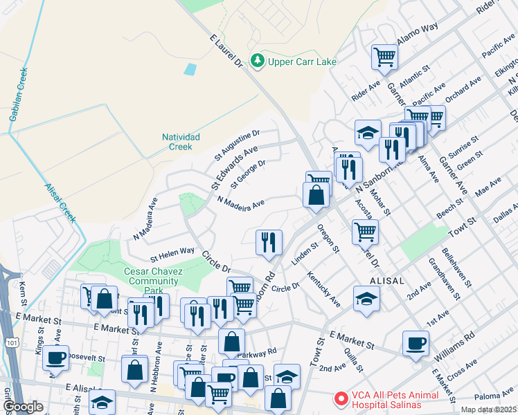 map of restaurants, bars, coffee shops, grocery stores, and more near 840 North Madeira Avenue in Salinas