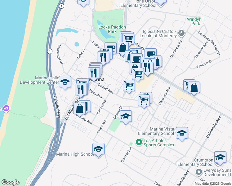 map of restaurants, bars, coffee shops, grocery stores, and more near 3082 Sunset Avenue in Marina