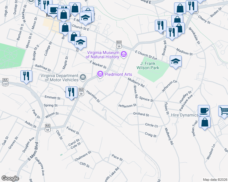 map of restaurants, bars, coffee shops, grocery stores, and more near 500 Monroe Street in Martinsville
