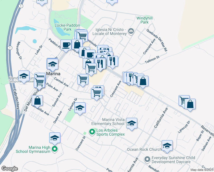 map of restaurants, bars, coffee shops, grocery stores, and more near 3127 Crescent Avenue in Marina