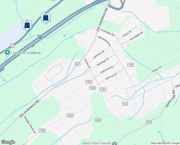 map of restaurants, bars, coffee shops, grocery stores, and more near 18374 County Road 1521 in Abingdon