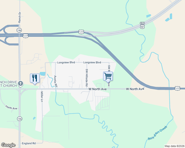 map of restaurants, bars, coffee shops, grocery stores, and more near 301 Southwest Hillside Road in Ponca City