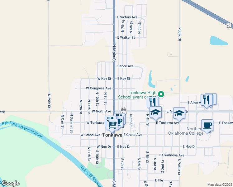 map of restaurants, bars, coffee shops, grocery stores, and more near 402 North Main Street in Tonkawa