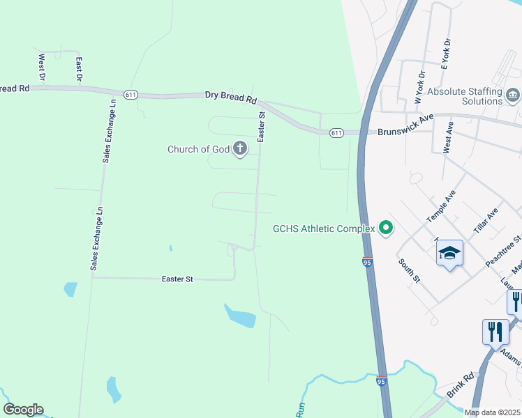 map of restaurants, bars, coffee shops, grocery stores, and more near 400 Easter Street in Emporia