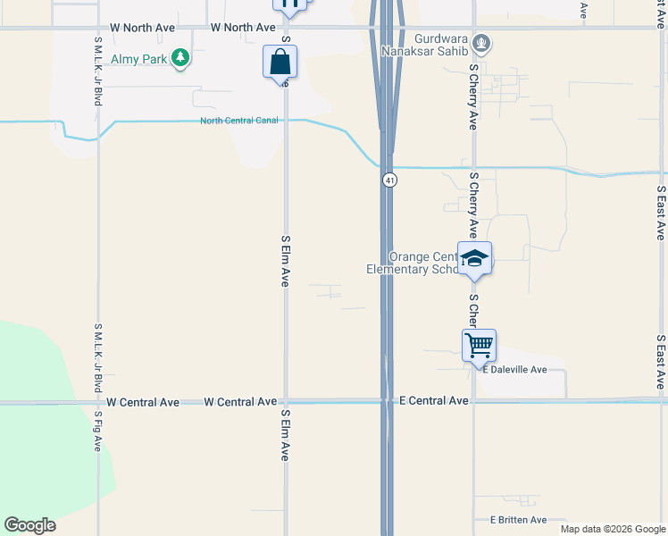 map of restaurants, bars, coffee shops, grocery stores, and more near 3504 South Elm Avenue in Fresno