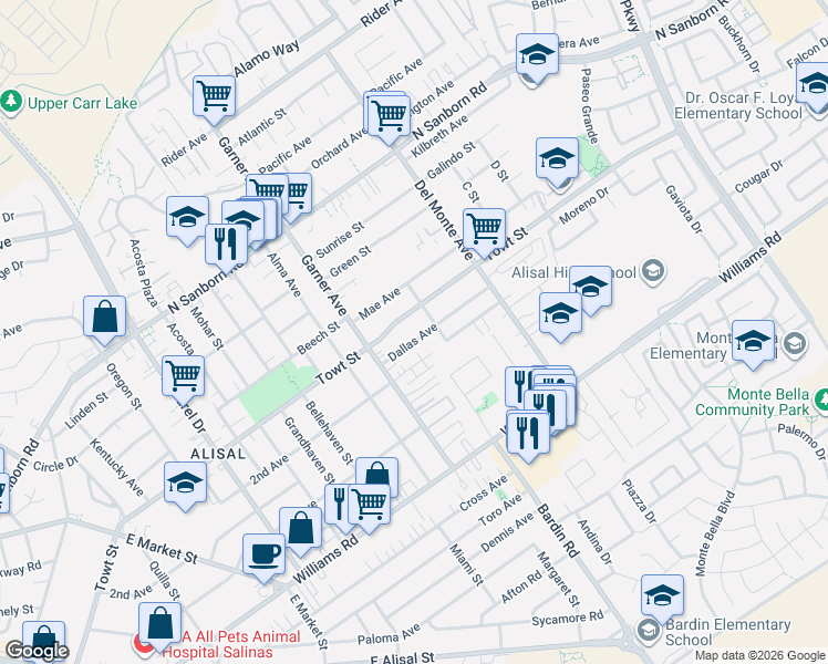 map of restaurants, bars, coffee shops, grocery stores, and more near 1235 Garner Avenue in Salinas