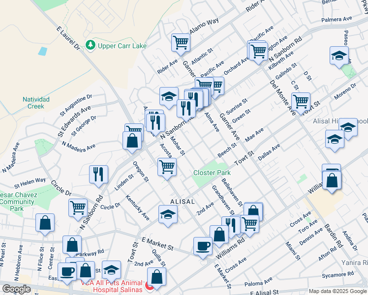 map of restaurants, bars, coffee shops, grocery stores, and more near 1107 Mohar Street in Salinas
