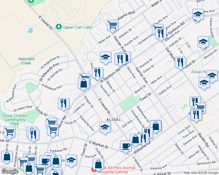 map of restaurants, bars, coffee shops, grocery stores, and more near 1041 Acosta Street in Salinas