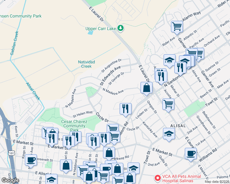 map of restaurants, bars, coffee shops, grocery stores, and more near 828 North Madeira Avenue in Salinas