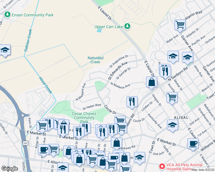 map of restaurants, bars, coffee shops, grocery stores, and more near 418 Saint Edwards Avenue in Salinas