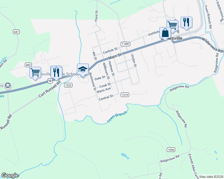 map of restaurants, bars, coffee shops, grocery stores, and more near Milbourn Street in Jonesville