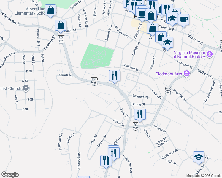 map of restaurants, bars, coffee shops, grocery stores, and more near 201-299 Park St in Martinsville
