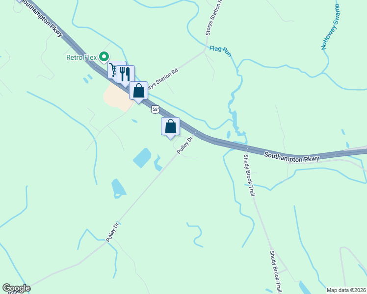 map of restaurants, bars, coffee shops, grocery stores, and more near 28566-28612 Pulley Drive in Courtland