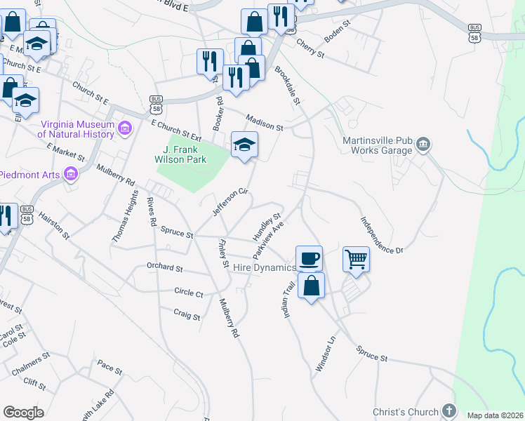 map of restaurants, bars, coffee shops, grocery stores, and more near 805 Hundley Street in Martinsville