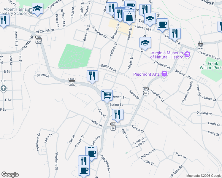 map of restaurants, bars, coffee shops, grocery stores, and more near 525-599 Broad Street in Martinsville