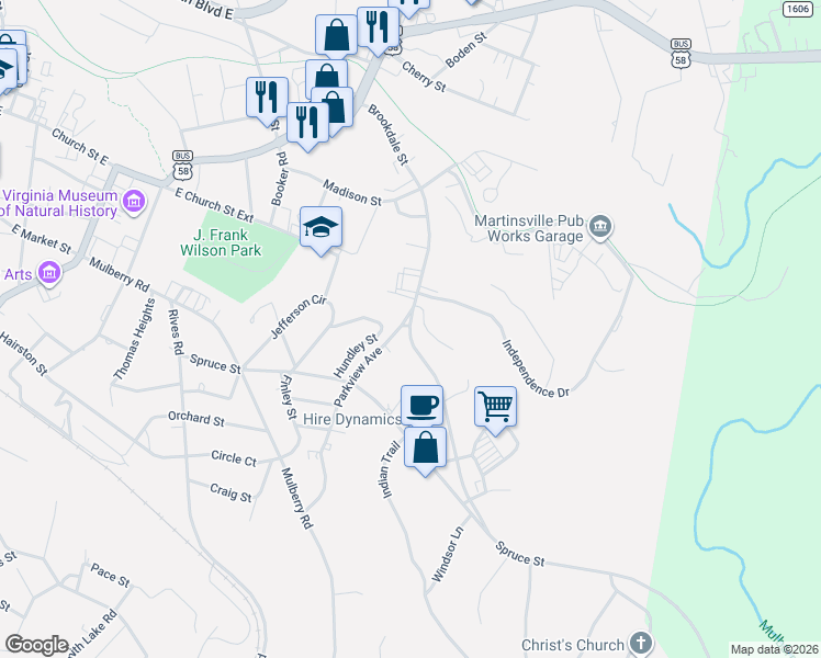 map of restaurants, bars, coffee shops, grocery stores, and more near 1022-1126 Brookdale Street in Martinsville