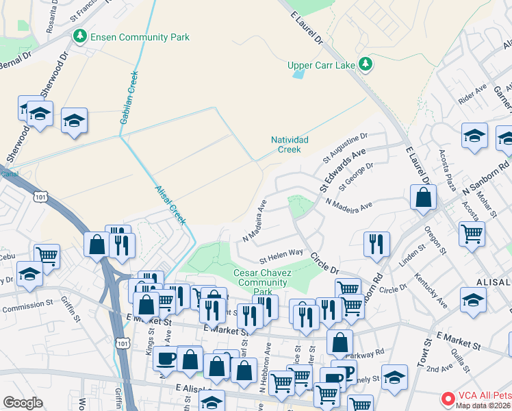 map of restaurants, bars, coffee shops, grocery stores, and more near 706 Circle Drive in Salinas