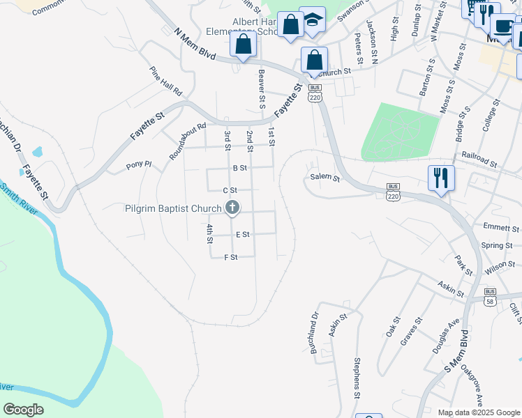 map of restaurants, bars, coffee shops, grocery stores, and more near 601-699 2nd St in Martinsville