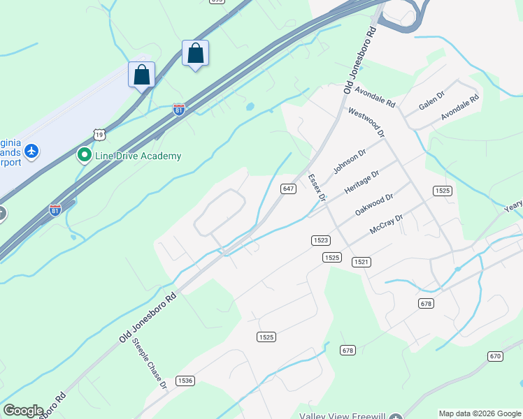 map of restaurants, bars, coffee shops, grocery stores, and more near 19401 Old Jonesboro Road in Abingdon