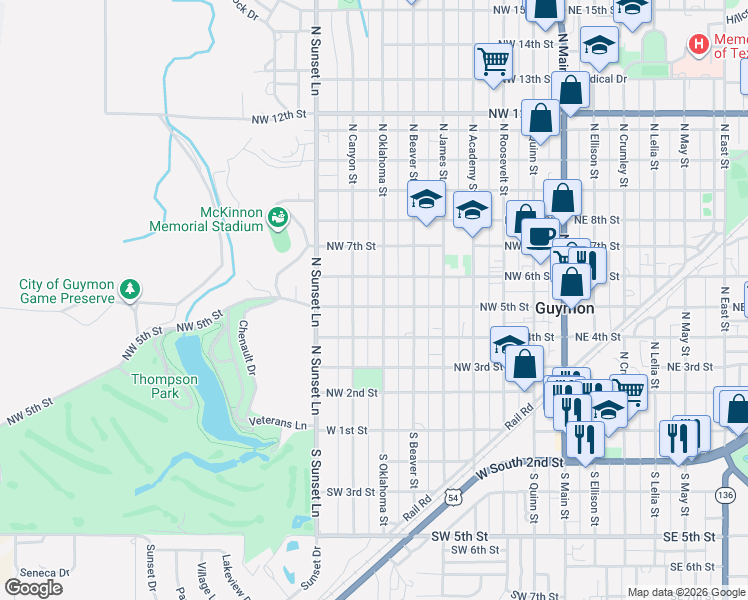 map of restaurants, bars, coffee shops, grocery stores, and more near 424 North Oklahoma Street in Guymon