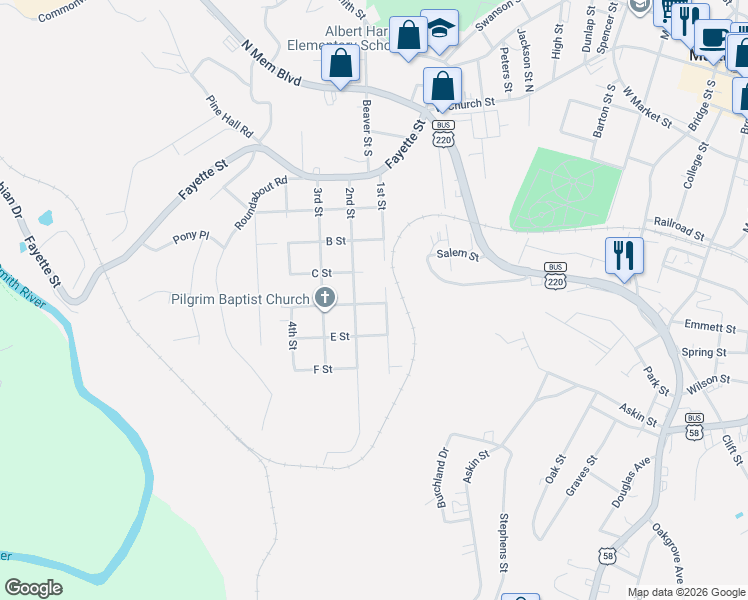 map of restaurants, bars, coffee shops, grocery stores, and more near 601-699 2nd St in Martinsville