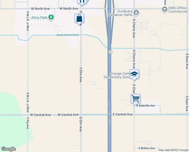 map of restaurants, bars, coffee shops, grocery stores, and more near 3504 South Elm Avenue in Fresno