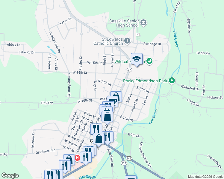 map of restaurants, bars, coffee shops, grocery stores, and more near 109 12th in Cassville