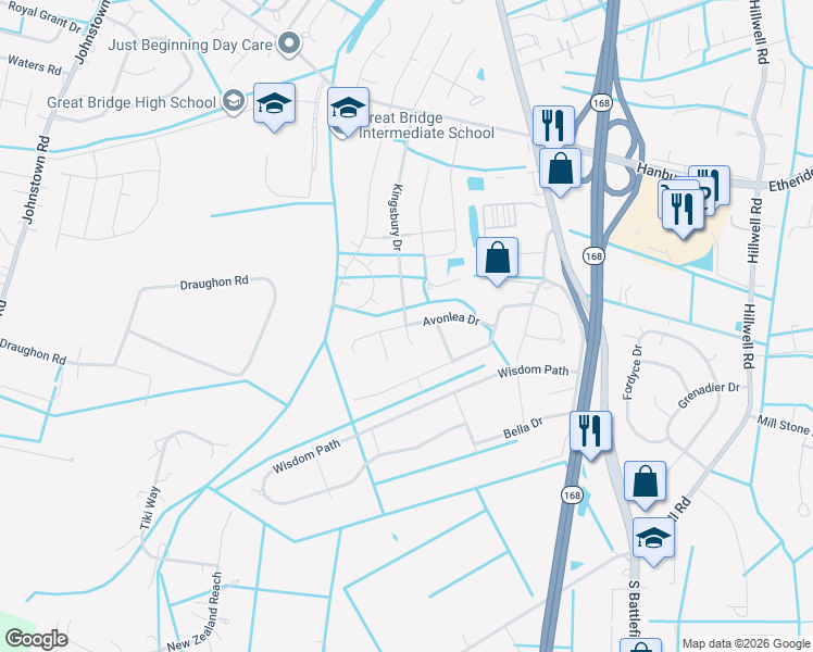 map of restaurants, bars, coffee shops, grocery stores, and more near 1301 Kingsbury Court in Chesapeake