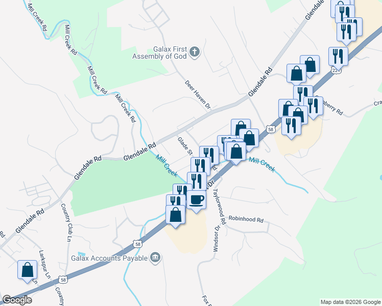 map of restaurants, bars, coffee shops, grocery stores, and more near 120 Glade Street in Galax