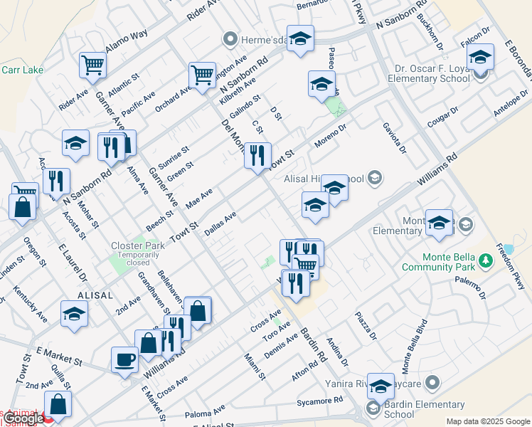 map of restaurants, bars, coffee shops, grocery stores, and more near 11 Bardin Circle in Salinas