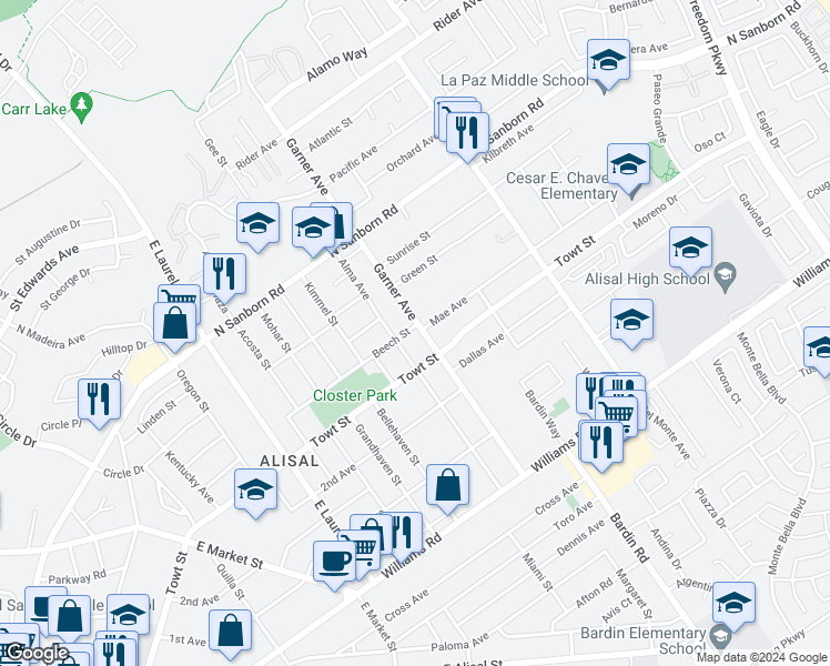 map of restaurants, bars, coffee shops, grocery stores, and more near 457 Towt Street in Salinas