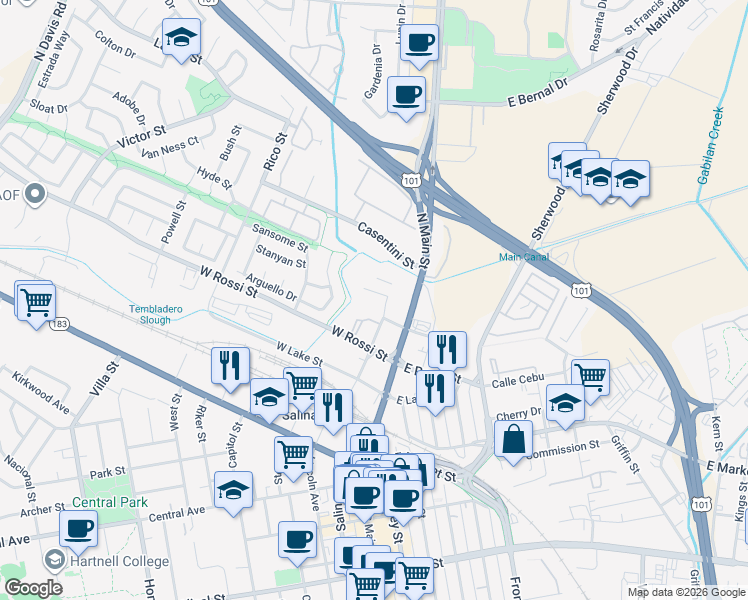 map of restaurants, bars, coffee shops, grocery stores, and more near 20 West Menke Street in Salinas