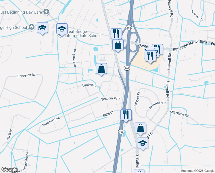 map of restaurants, bars, coffee shops, grocery stores, and more near 168 Kegman Road West in Chesapeake