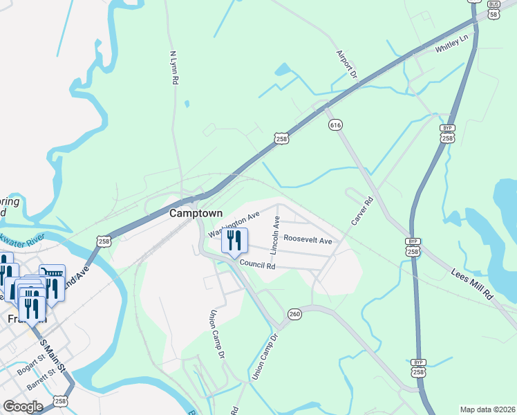 map of restaurants, bars, coffee shops, grocery stores, and more near 334 Washington Avenue in Franklin