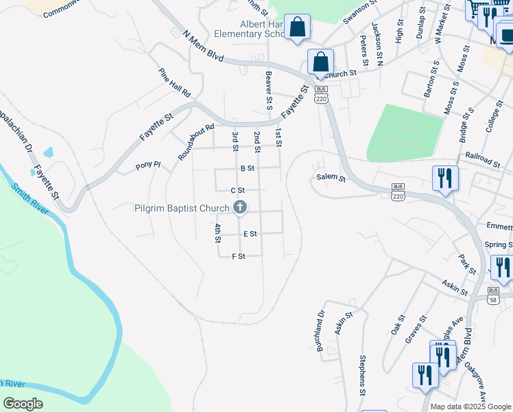 map of restaurants, bars, coffee shops, grocery stores, and more near 601-699 2nd St in Martinsville