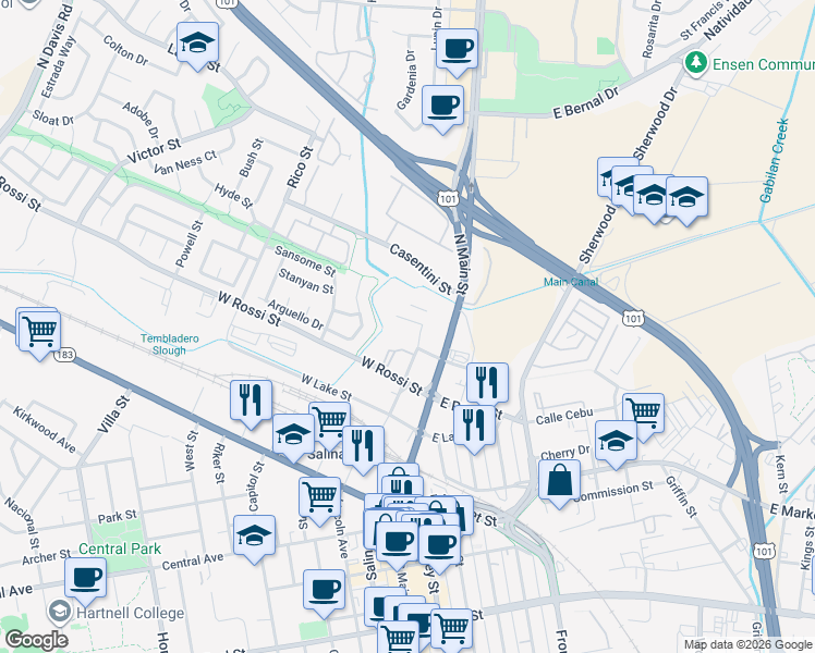 map of restaurants, bars, coffee shops, grocery stores, and more near 20 West Menke Street in Salinas